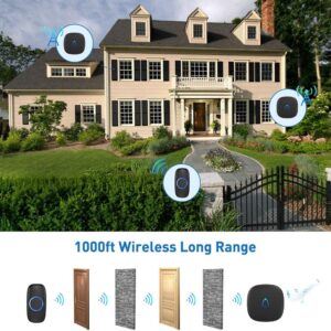 SECRUI Wireless Doorbell, Plug in Waterproof Battery Operated Cordless Doorbell Operating at 1,000 Feet Long Range with 58 Chimes 5 Volume Levels LED Light Easy Install for Home, School, Office,Black